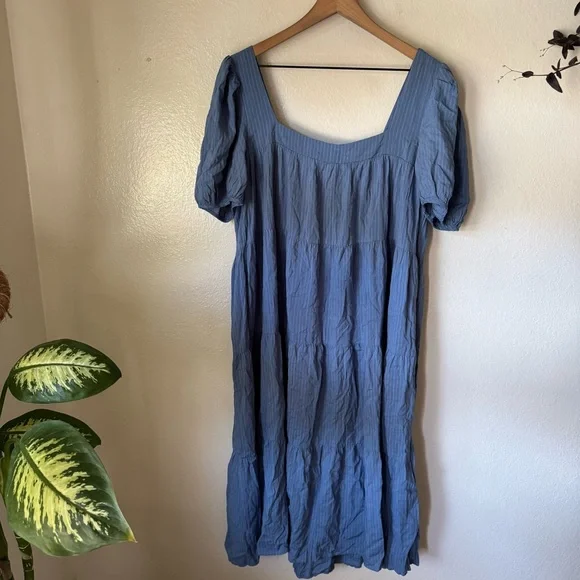 Lulus | Happy Tiers Denim Blue Striped Puff Sleeve Midi Dress - Picture 2 of 7